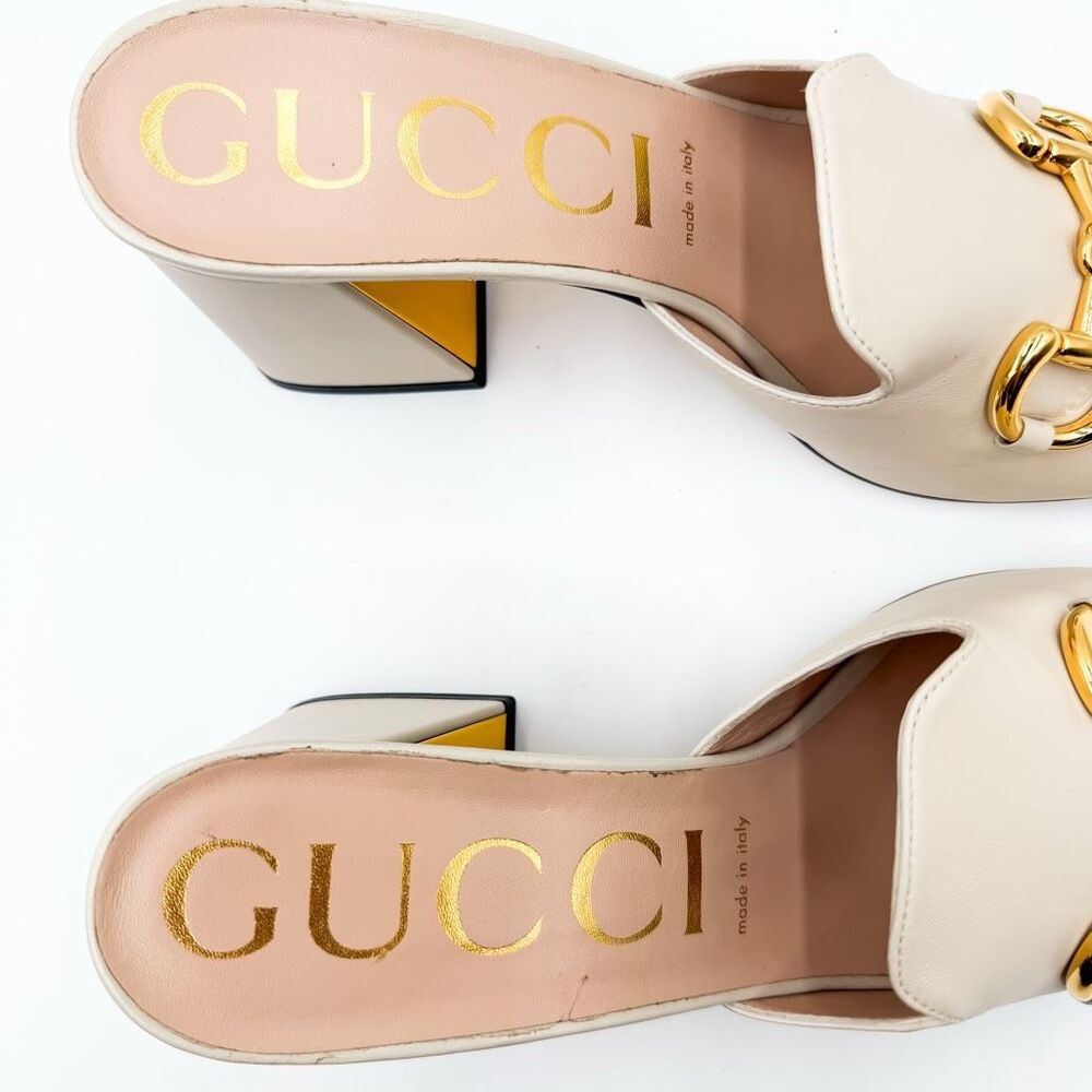 Gucci Baby Horsebit Sandals White Leather Mules Block Heel EU 40 US 10 - Picture 11 of 14